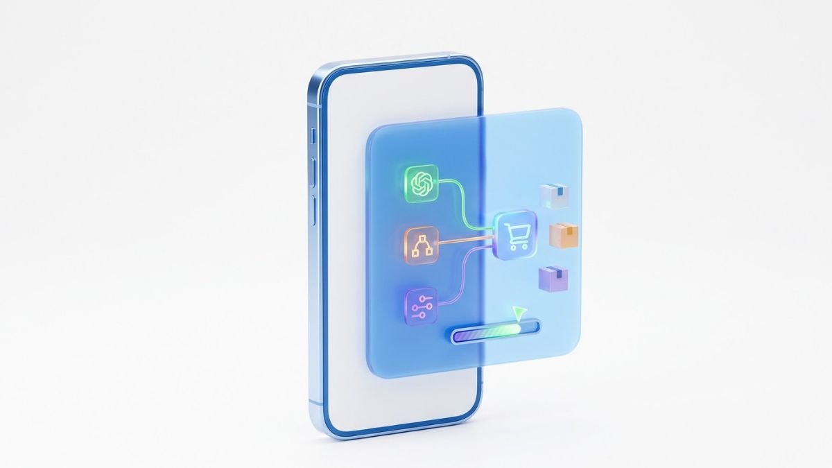 3D mobile smartphone rendering a slide-out AJAX cart drawer with AI cross-sells on a white background.
