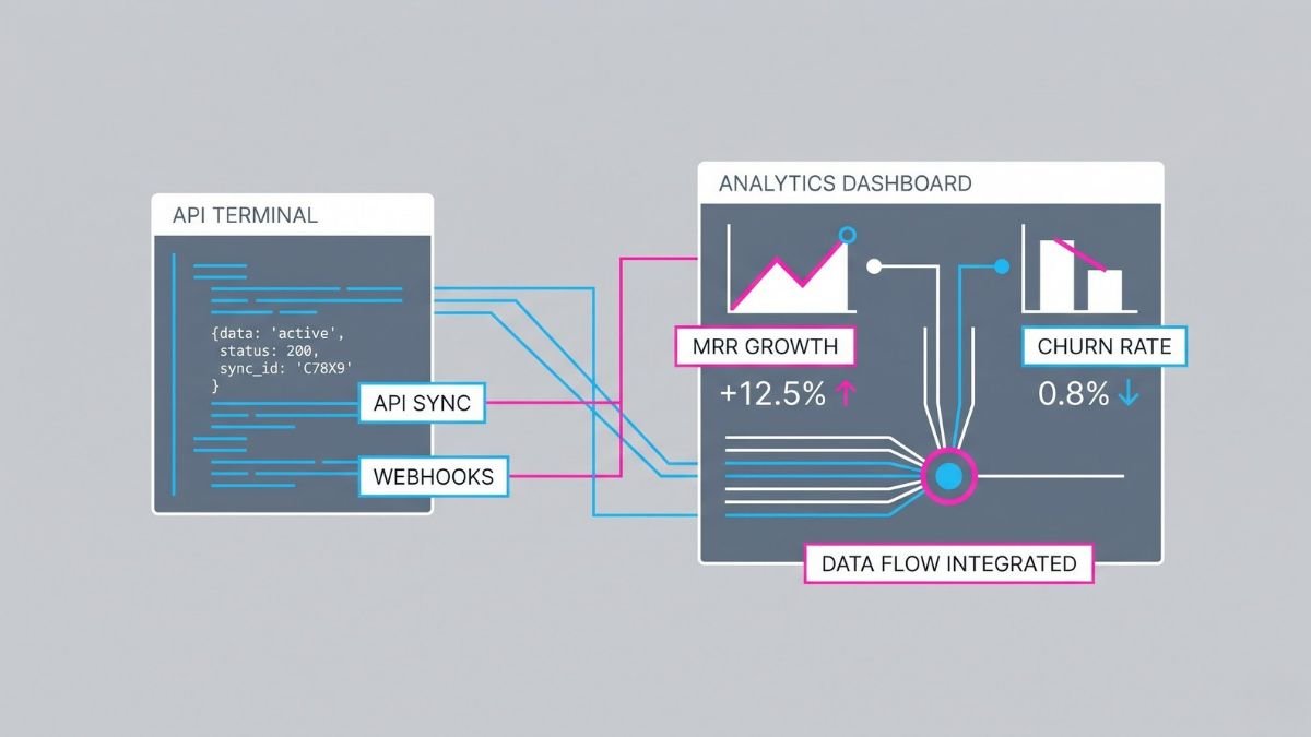 A flat 2D vector illustration showing MRR and churn rate analytics pulled via Shopify subscription APIs.