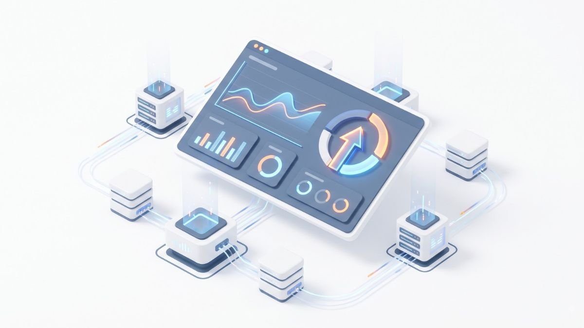 3D digital analytics dashboard tracking Average Order Value metrics and e-commerce ROI on a white background.