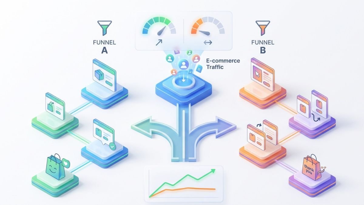 3D digital A/B testing dashboard splitting e-commerce traffic between product upsell funnels on a white background.