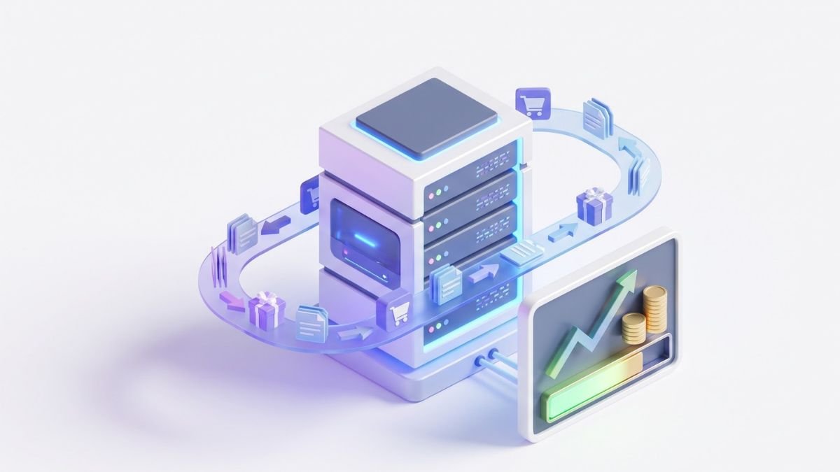 3D server stack processing high-volume e-commerce transactions and tracking upsell revenue on a white background.