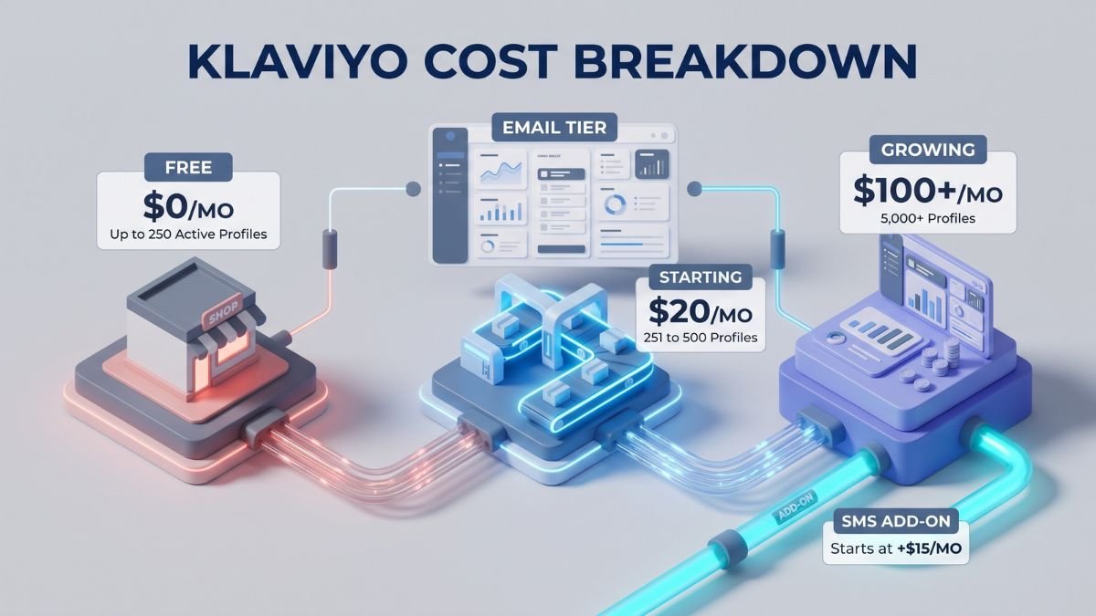 A minimalist 3D isometric diagram of Klaviyo's subscription pricing tiers from a FREE ($0 for up to 250 profiles) startup loader to STARTING ($20/mo for 251-500 profiles) and GROWING ($100+/mo for 5,000+ profiles) ascending digital blocks connected by data pipes.