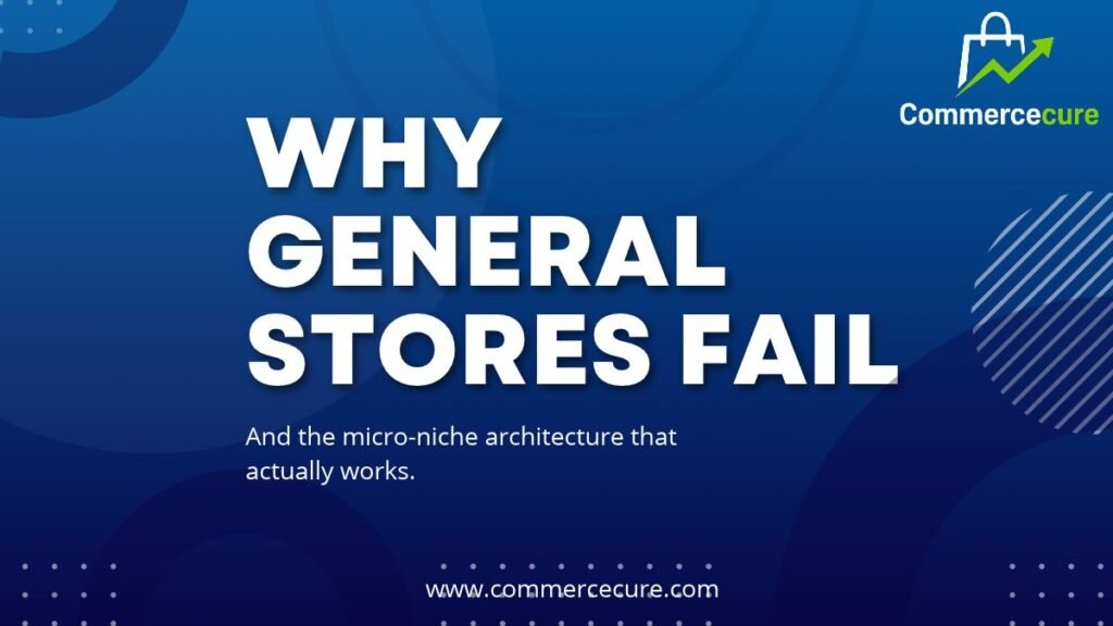CommerceCure featured image explaining why general dropshipping stores fail and the technical micro-niche architecture that works.