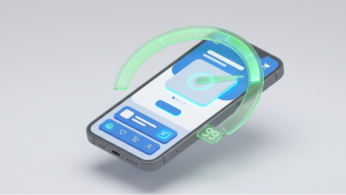 3D smartphone and speedometer representing fast Shopify mobile load times and Core Web Vitals.