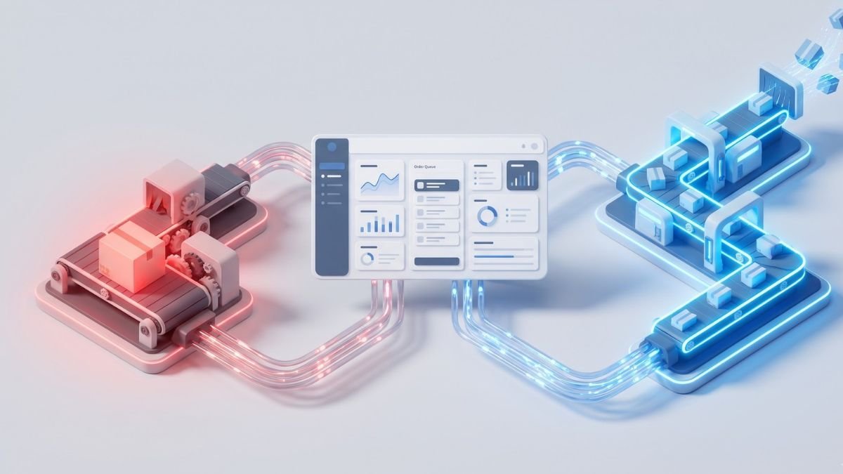 3D e-commerce dashboard connected to slow versus fast dropshipping API fulfillment hubs.