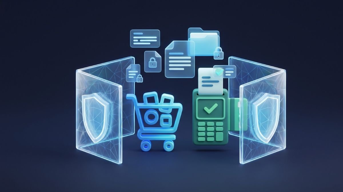 3D checkout terminal and security shields representing Shopify Payments compliance and chargeback prevention.